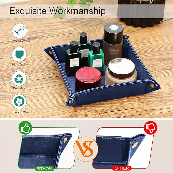 SITHON Valet Tray Desktop Storage Organizer – Premium PU Leather Catchall Bedside Vanity Tray Nightstand Caddy Holder for Remote Controller, Keys, Phone, Wallet, Coin, Jewelry, Dark Blue