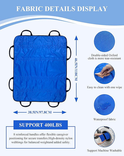 SPRING SEAON Patient Positioning Bed Pad with Handles – Transfer & Slide Sheet for Elderly Care, Waterproof Washable Draw Sheet for Hospital or Home Use, 46.5" x 38.5", 450 LBS Support,Blue