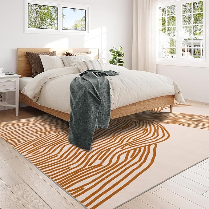 YIHOUSE Orange Rug for Living Room, 8×10 Modern Abstract Area Rug, Geometric Contemporary Wave Striped Rugs for Playroom Nursery, Washable Nonslip Large Rug for Bedroom Dining Room