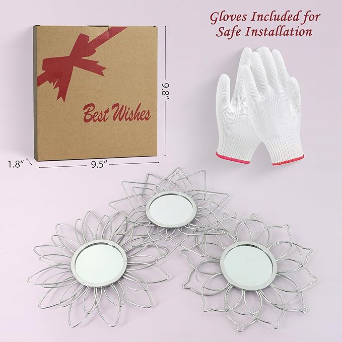 Silver Mirrors for Wall, 9 inch Metal Flower Mirrors Home Christmas Decoration, Christmas Wall Art Decorative Mirror Small Mirror for Living Room Bedroom, Entrance Set of 3