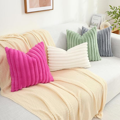 decorUhome Faux Fur Spring Throw Pillow Covers 12x20 Set of 2, Decorative Soft Plush Striped Lumbar Neutral Couch Pillow Covers with Velvet Back for Sofa, Bed, Living Room Home, Hot Pink