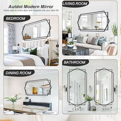 Black Wall Mirror for Decor, 30"x59" Decorative Living Room Mirror, Small Bathroom Mirror with Metal Frame, Modern Hexagon Mirror for Dining Room, Entrance