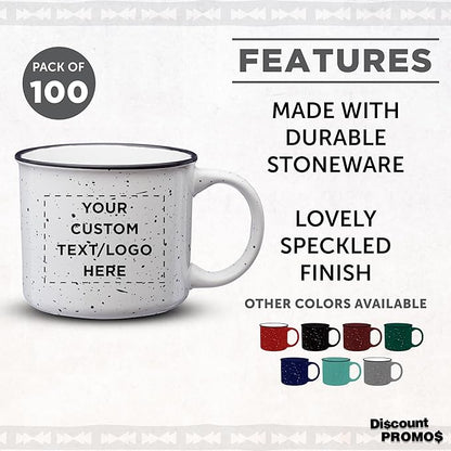DISCOUNT PROMOS Custom Ceramic Campfire Coffee Mugs 13 oz. Set of 100, Personalized Bulk Pack - Perfect for Tea, Espresso, Cappuccino, Hot Cocoa - White
