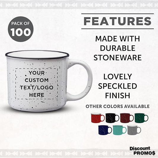 DISCOUNT PROMOS Custom Ceramic Campfire Coffee Mugs 13 oz. Set of 100, Personalized Bulk Pack - Perfect for Tea, Espresso, Cappuccino, Hot Cocoa - White