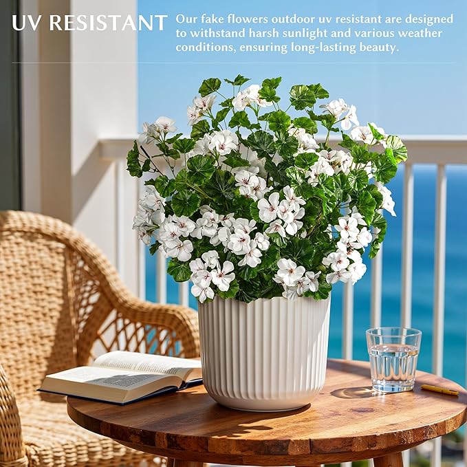 Artificial Flowers for Outdoors 8PCS Artificial Geraniums for Indoor Fake Flowers 17.7In Uv Resistant Artificial Outdoor Flowers Suitable for Indoor Home Decor Outdoor Garden Decor (White)