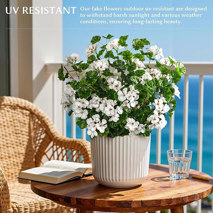 Artificial Flowers for Outdoors 8PCS Artificial Geraniums for Indoor Fake Flowers 17.7In Uv Resistant Artificial Outdoor Flowers Suitable for Indoor Home Decor Outdoor Garden Decor (White)