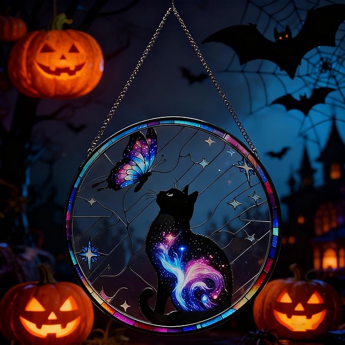 Black Cat Stained Glass Window Hanging, 9.8'' Black Cat & Butterfly with Nebula Design Suncatcher Indoor Outdoor Home Decor for Cats Lovers, Gift for Halloween