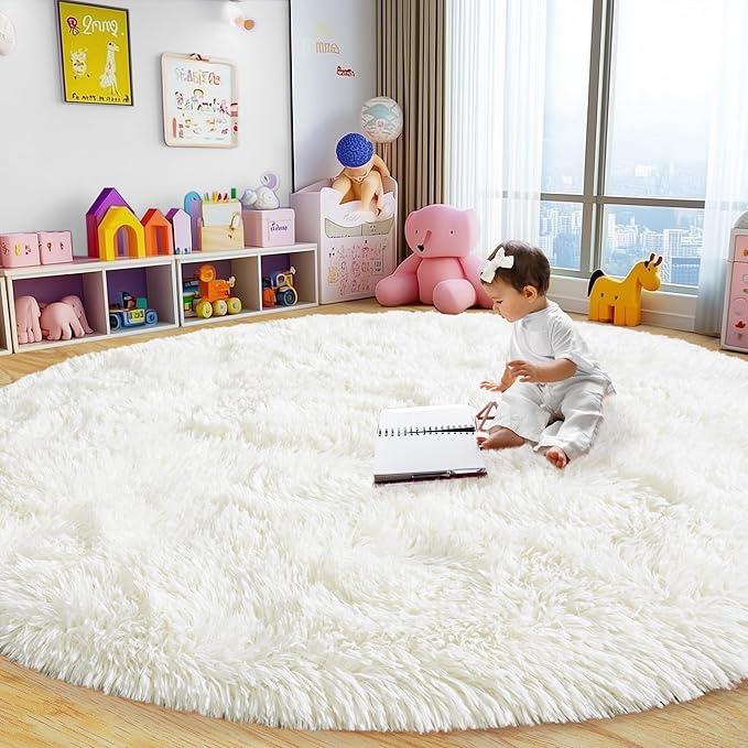 Round Fluffy Rugs 5Ft for Girls Bedroom, Cream White Shag Circle Kids Rug Non-Slip for Bedside Dorm Nursery Playroom, Soft Cute Area Rugs for Living Room Decor