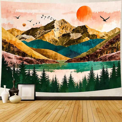Delur Mountain Tapestry Boho Sunset Nature Forest Tree Tapestry Wall Hanging Sunrise River Lake Landscape Psychedelic Headboard for Bedroom Living Room Home Decor (51.2" x 59.1")