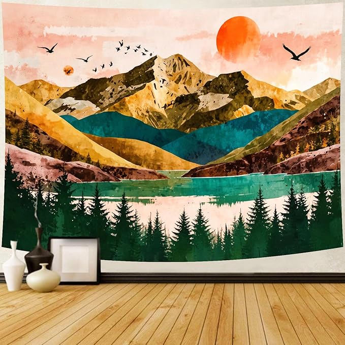 Delur Mountain Tapestry Boho Sunset Nature Forest Tree Tapestry Wall Hanging Sunrise River Lake Landscape Psychedelic Headboard for Bedroom Living Room Home Decor (59.1" x 78.7")