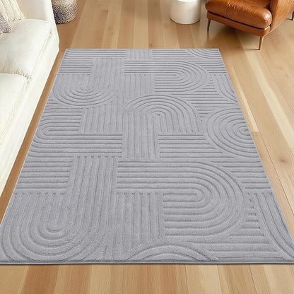 SHACOS Soft Cozy Fluffy Arch Pattern High Low Pile Rugs 4'x6' Non Slip Washable Scandinavian Minimalist Rug Modern Geometric Arc Carpet for Living Room Bedroom Dining Room, Light Grey