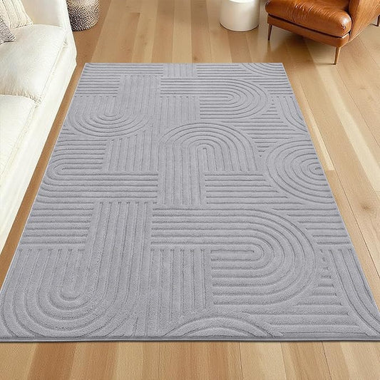 SHACOS Soft Cozy Fluffy Arch Pattern High Low Pile Rugs 4'x6' Non Slip Washable Scandinavian Minimalist Rug Modern Geometric Arc Carpet for Living Room Bedroom Dining Room, Light Grey