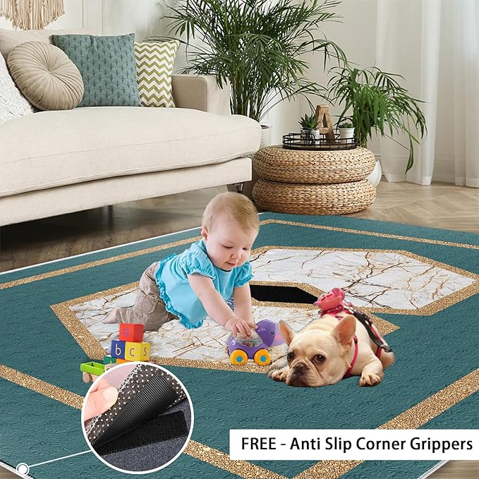 Jadeite Marble Area Rug Abstract Marble Texture Area Rugs for Living Room Light Luxury Stone Crack Carpet Gold Geometric Stripes Outdoor Carpet for Bedroom Living Room 7x9ft