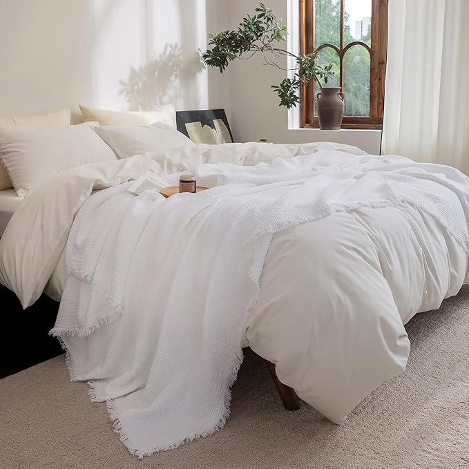 FOSSA Muslin Blanket with Fringe - 4-Layer 100% Cotton Gauze Super Soft & Breathable Throw -Lightweight Decorative Cooling Blanket for Bed, Sofa, Office (Bright White, Queen (90" × 90"))