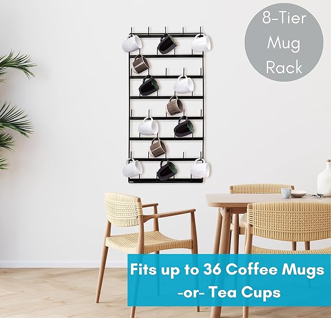 BIRDROCK HOME 36 Peg Coffee Mug Organizer Wall - 8 Tier Wall Mounted Coffee Mug Holder - Tea Cup Display Shelf Wall Mounted - Heavy Duty Decorative Kitchen Bar Organizer Flat Metal Steel Rack - Black