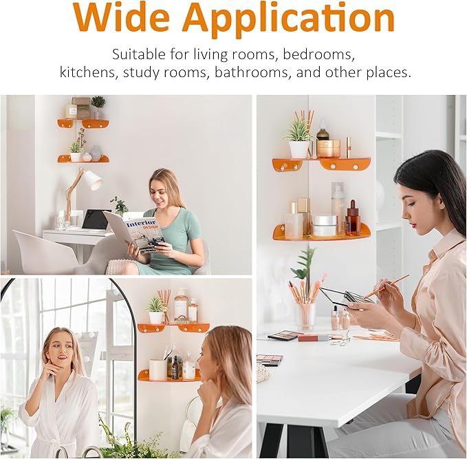 Sezanrpt 9.5x9.5 Inch Acrylic Corner Floating Shelf Set of 2, Orange Corner Wall Shelf for Home Décor, Speakers, Security Cameras, Toileries, Plants, Figures, Cosmetics, Books