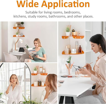 Sezanrpt 9.5x9.5 Inch Acrylic Corner Floating Shelf Set of 2, Orange Corner Wall Shelf for Home Décor, Speakers, Security Cameras, Toileries, Plants, Figures, Cosmetics, Books