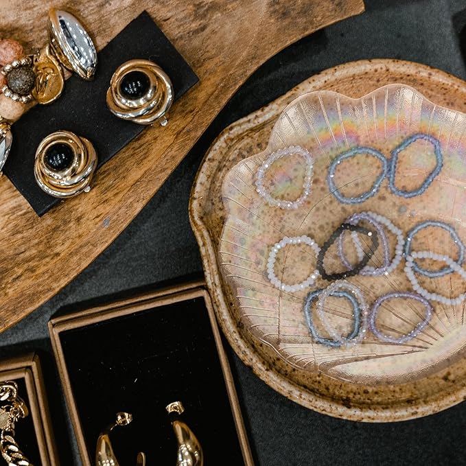 Shell-Shaped Jewelry Tray and Earrings Plate, Iridescent Glass Jewelry Storage Dish for Desktop Organization and Display
