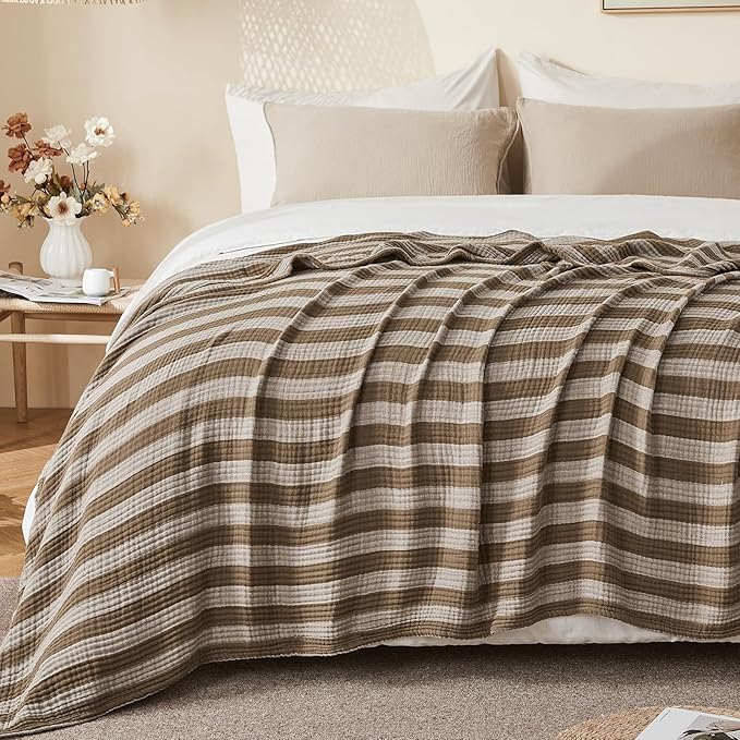 EMME Cotton Muslin Twin XL Blanket Breathable Gauze Soft Lightweight Adults Gifts for Women (Striped Brown, 66"x90")