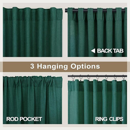 Dark Green Curtains 96 Inches Long for Living Room Dining 2 Panels Set Pocket Back Tab Forest Drape Semi Privacy Emerald Hunter Green Linen Curtains for Bedroom Bay Window Farmhouse Vintage Decor 8 FT