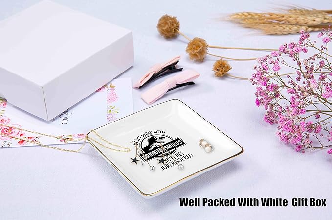 Funny Mother's Day Gift for Grandma from Grandchild - Best Nana Ever - Don't Mess With Grandmasaurus - Ceramic Jewelry Holder Box Ring Dish Trinket Tray for Birthday, Christmas