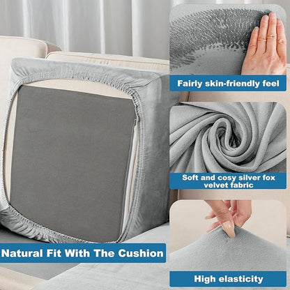 Couch Cover 4-Piece Elastic Velvet Couch Cushion Covers & Chaise Slipcovers for L-Shaped Sofas, Sofa Seat Covers Washable, Soft Cover for Couches (3 Seater + Chaise, Light Grey)