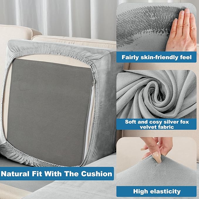 Couch Cover Velvet Chaise Cushion Cover for Sectional Sofas - Elastic L-Shaped Sofa Seat Covers Washable, Slipcover Protector (1-Piece, Light Grey)