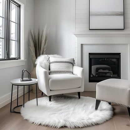 White Fluffy Faux Fur Rug, 3 ft Round – Soft and Cozy Circle Carpet for Kids Room, Nursery, Bedroom, or Living Room – Plush Shaggy Area Rug for Home Decor