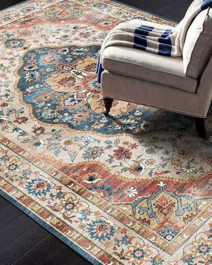 vivorug 9x12 Area Rugs for Living Room, Non Slip Machine Washable Vintage Beige Rug, Ultra-Thin Lightweight Large Area Rug for Bedroom, Dining Room, Low Pile