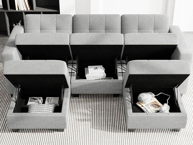 Belffin U-Shaped Sectional Sofa, Light Grey, 58.3"W x 90.2"L x 33.5"H, Reversible Chaise Lounge, Sturdy Solid Wood Frame, Plush Woven Fabric, Hidden Storage, Foldable Backrest, Easy Assembly