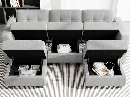 Belffin U-Shaped Sectional Sofa, Light Grey, 58.3"W x 90.2"L x 33.5"H, Reversible Chaise Lounge, Sturdy Solid Wood Frame, Plush Woven Fabric, Hidden Storage, Foldable Backrest, Easy Assembly