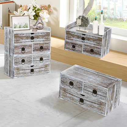 Wood Desk Organizer with Drawer, Washed Brown Wooden Desktop Organizer, Tabletop Storage Organization Box for Countertop, Home Office Supplies (3 Drawer and Shelf)