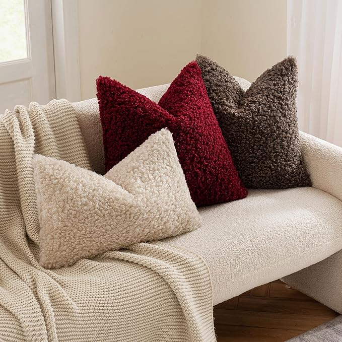MIULEE Pack of 2 Lumbar Faux Fur Throw Pillow Covers 12x20 Inch Neutral Oatmeal Boucle Decorative Sherpa Pillow Covers Fuzzy Accent Soft Sheepskin Fleece for Boho Home Decor Sofa Living Room Bed Chair
