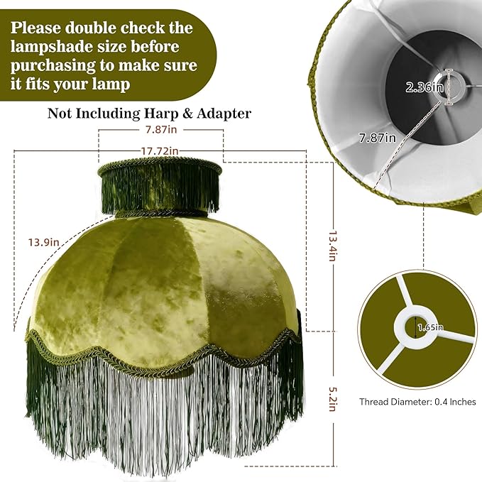 Caramel-colored velvet fringe lampshade 7.8" Top x 17.7" Bottom x 13.4" High x 15 Slant"- Large Dome with Scalloped Edge & Fringe Tassels, for Table/Floor Lamps(1, green, Large)