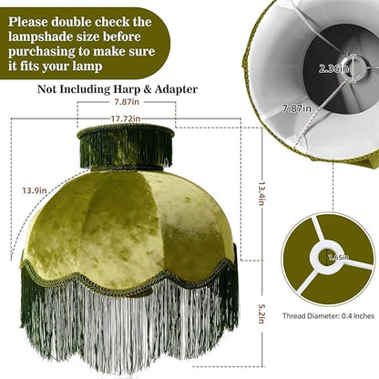 Caramel-colored velvet fringe lampshade 7.8" Top x 17.7" Bottom x 13.4" High x 15 Slant"- Large Dome with Scalloped Edge & Fringe Tassels, for Table/Floor Lamps(1, green, Large)