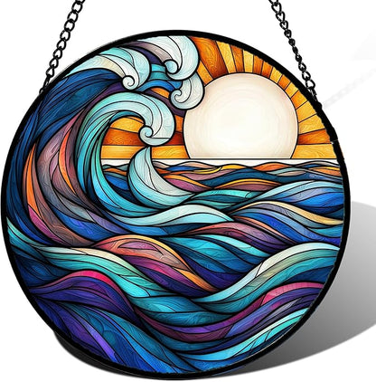 DASTOLL Stained Glass Window Hanging, Big Wave Sun Suncatcher Diamond Glass Panel Hangings Abstract Sun Catchers Decor for Birthday for Women, Men, Wife, Aunt, and Mom 14.9x14.9 in