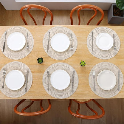 SHACOS Round Placemats Set of 6 Braided Circle Place Mat Washable 15 inch Table Mats for Kitchen Dining Table Decor Mixed Color (Ivory, 6)