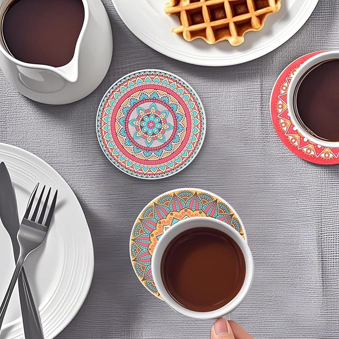 Ceramic Coasters Set of 6 with Holder, Mandala Style, Absorbent Drink Coaster Set for Home Decor, Cups, Mugs and Glasses (Pink Mandala)
