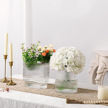 Ribbed Glass Vases, Set of 2 Fluted Vases for Flowers, Clear Vase for Tulips, Modern Glass Vase for Living Room, Dining Table, Office, Entryway, Mantle, Bookshelf, Wedding Gifts