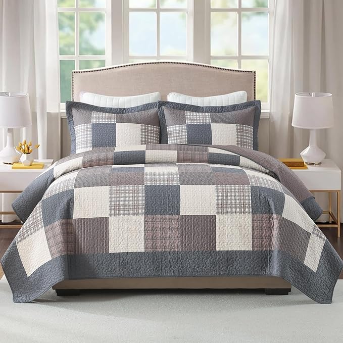 100% Cotton Quilts King Size, King Quilt Bedding Set Bedspread, Patchwork Plaid Quilt for King Bed, 3 Pieces Farmhouse Reversible Lightweight Comforter Bed Spread, Gray/Brown/Beige