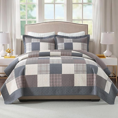 100% Cotton Quilts King Size, King Quilt Bedding Set Bedspread, Patchwork Plaid Quilt for King Bed, 3 Pieces Farmhouse Reversible Lightweight Comforter Bed Spread, Gray/Brown/Beige