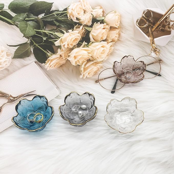 Small Jewelry Dish Tray, Flower Ring Holder, Nightstand Decor Glass Trinket Plate, Crystal Jewlery Bowl for Earrings, Engagement Gifts (Pink)