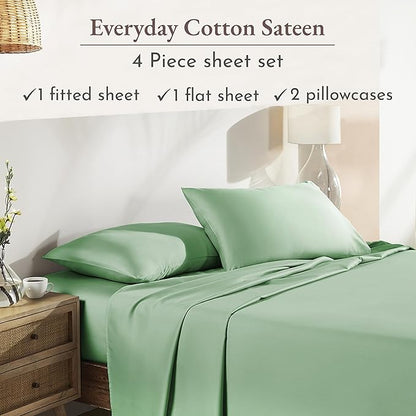 California Design Den Natural 100% Cotton Bed Sheets King Size Set - Soft Sateen Weave, Fully Elasticized Deep Pocket King Sheet Set, Breathable and Durable Bedding - Frosty Green