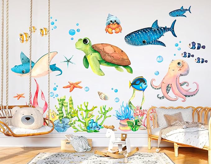 Ocean Playground Wall Decal - Cartoon Underwater Fun with Turtle, Whale, and Octopus, Removable Peel-and-Stick Fabric Art for Kids' Room and Playroom Décor (Extra Large)