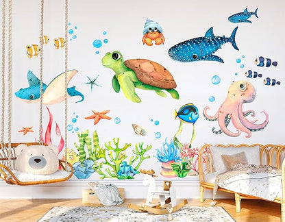 Ocean Playground Wall Decal - Cartoon Underwater Fun with Turtle, Whale, and Octopus, Removable Peel-and-Stick Fabric Art for Kids' Room and Playroom Décor (Extra Large)