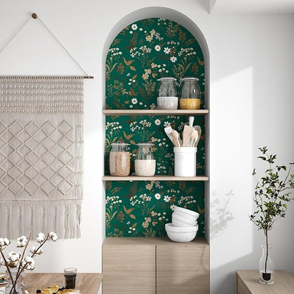 Dark Floral Wallpaper Peel and Stick 17.5in x393in Vintage Green Gold Leaf Wallpaper Vinyl Waterproof Self-Adhesive Boho Botanical Wall Paper Mural for Cabinet Bookcase Bedroom Decor