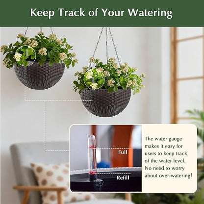 13.5 inch 2Pack Large Hanging Planters for Outdoor/Indoor Plants, Self Watering Hanging Pot with Water Level Indicato, Drainage Holes and Chain for Garden Porch, Brown