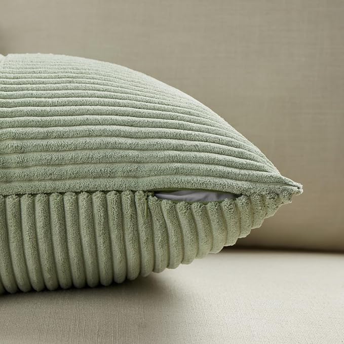 Fancy Homi 2 Packs Sage Green Lumbar Decorative Throw Pillow Covers 16x28 Inch for Living Room Couch Bed, Rustic Farmhouse Boho Home Decor, Soft Striped Corduroy Rectangle Accent Cushion Case 40x70 cm