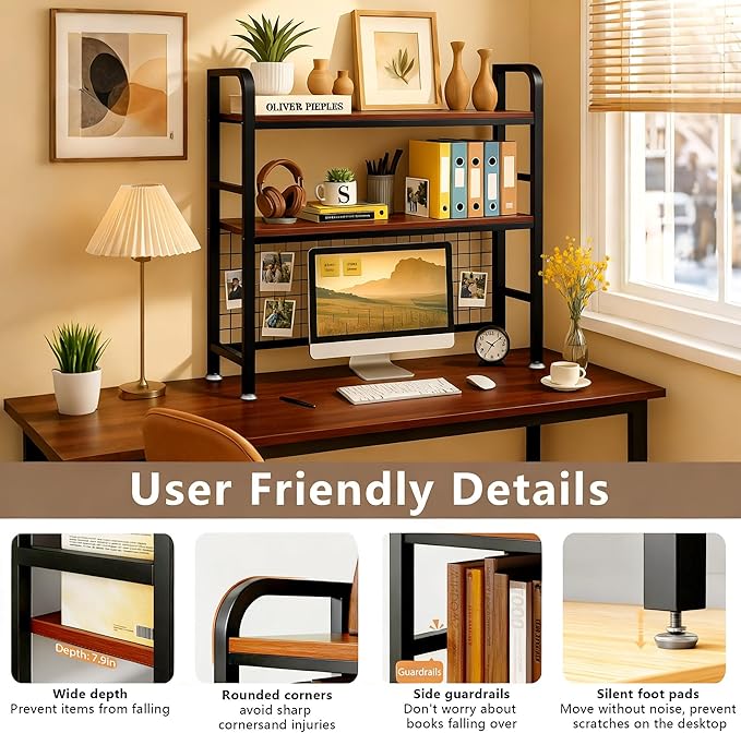 Desk Hutch Bookshelf, 2-Tier Desktop Storage Organizer Rack with Sturdy Metal Frame and Wood Board, 37.4″ Wide for Home Office or Dorm, Walnut