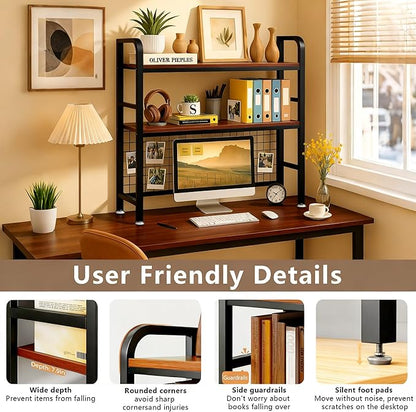 Desk Hutch Bookshelf, 2-Tier Desktop Storage Organizer Rack with Sturdy Metal Frame and Wood Board, 37.4″ Wide for Home Office or Dorm, Walnut